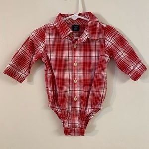 Red and white plaid long sleeve bodysuit with point collar